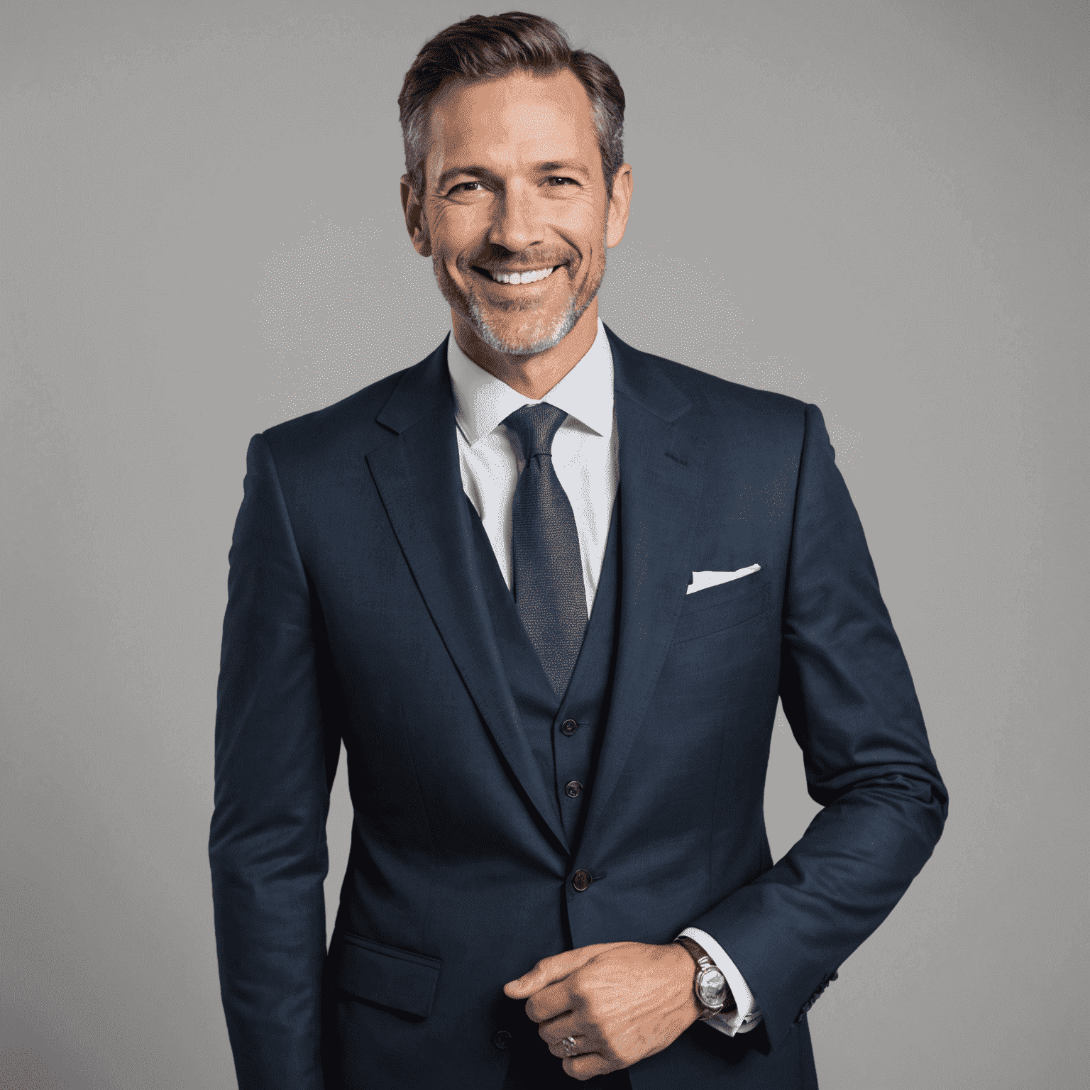 Portrait of the founder and CEO of safirmguide, a professional-looking man in his 40s wearing a suit and smiling confidently