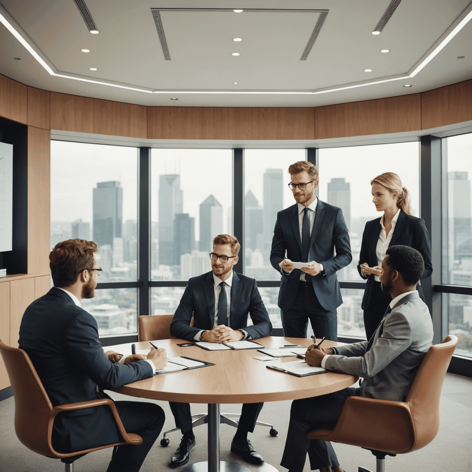 A group of business professionals in a meeting room discussing strategies and plans