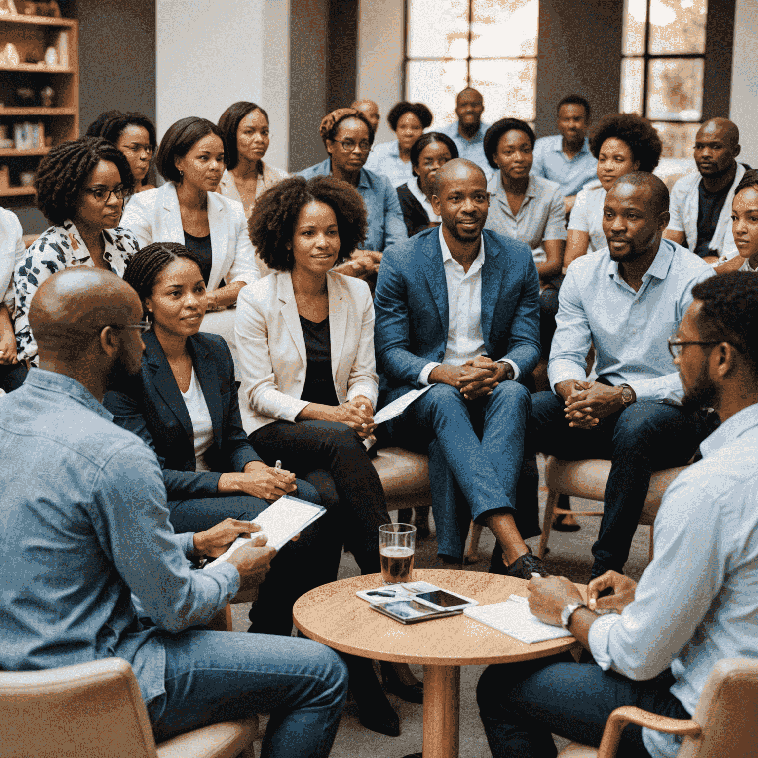 A group of diverse South African consumers participating in a focus group discussion, providing valuable insights for market research.