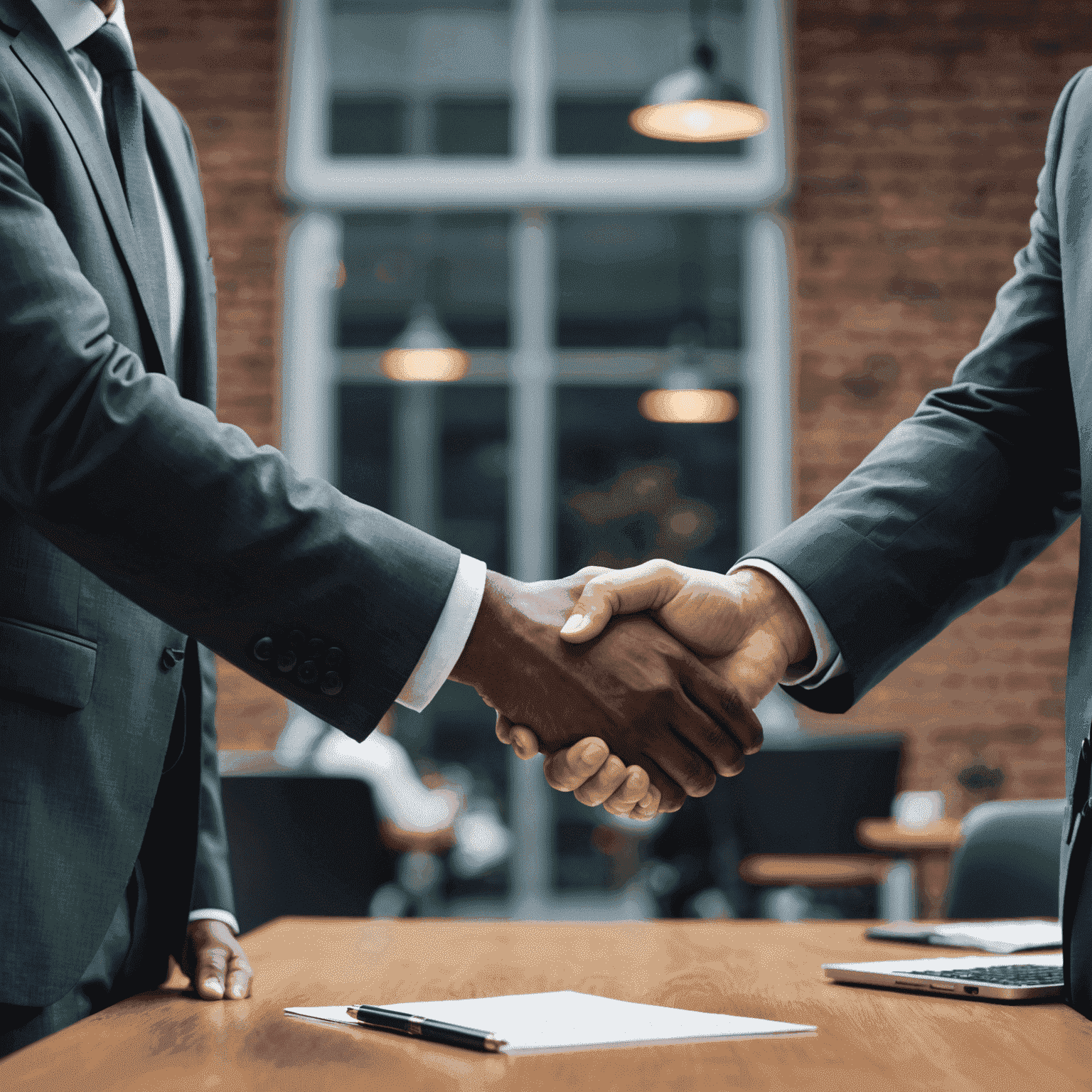 Two business professionals shaking hands, symbolizing a successful partnership