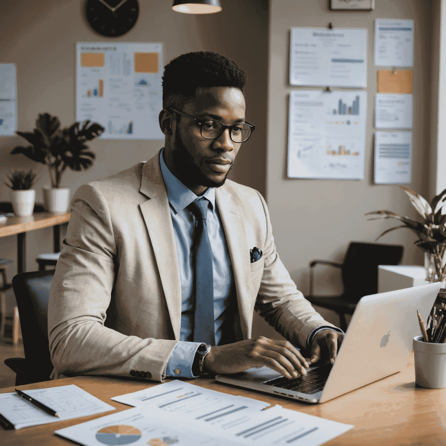 An entrepreneur in South Africa working on their laptop, surrounded by business planning documents and financial reports.