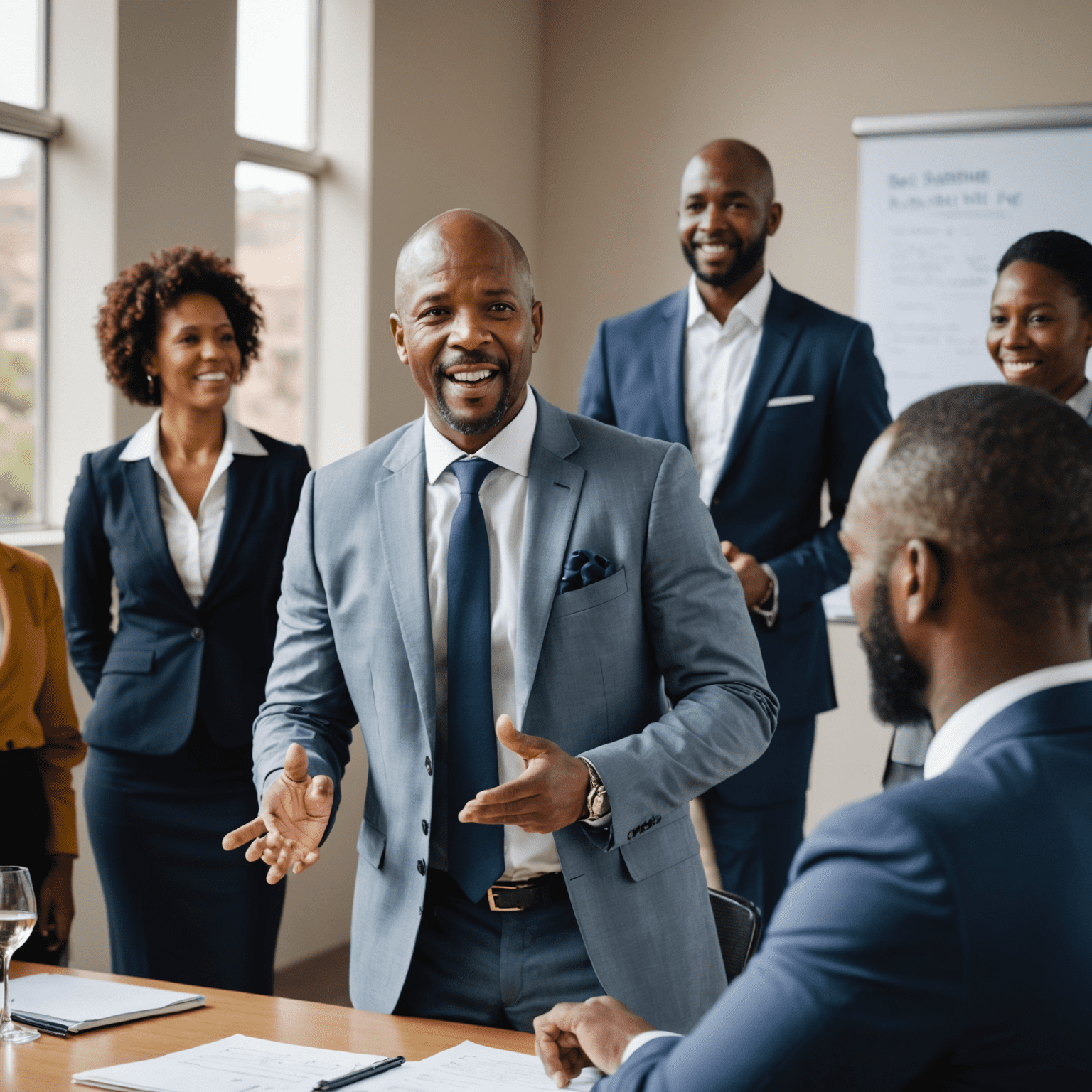 A successful South African business leader delivering a motivational speech to their team, emphasizing effective leadership strategies.