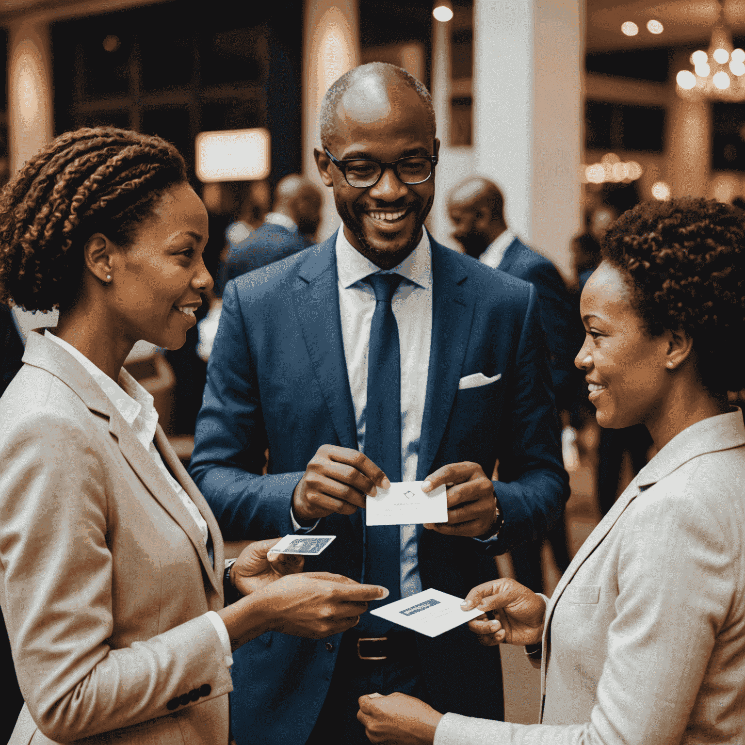 Business professionals in South Africa attending a networking event, exchanging business cards and engaging in meaningful conversations.